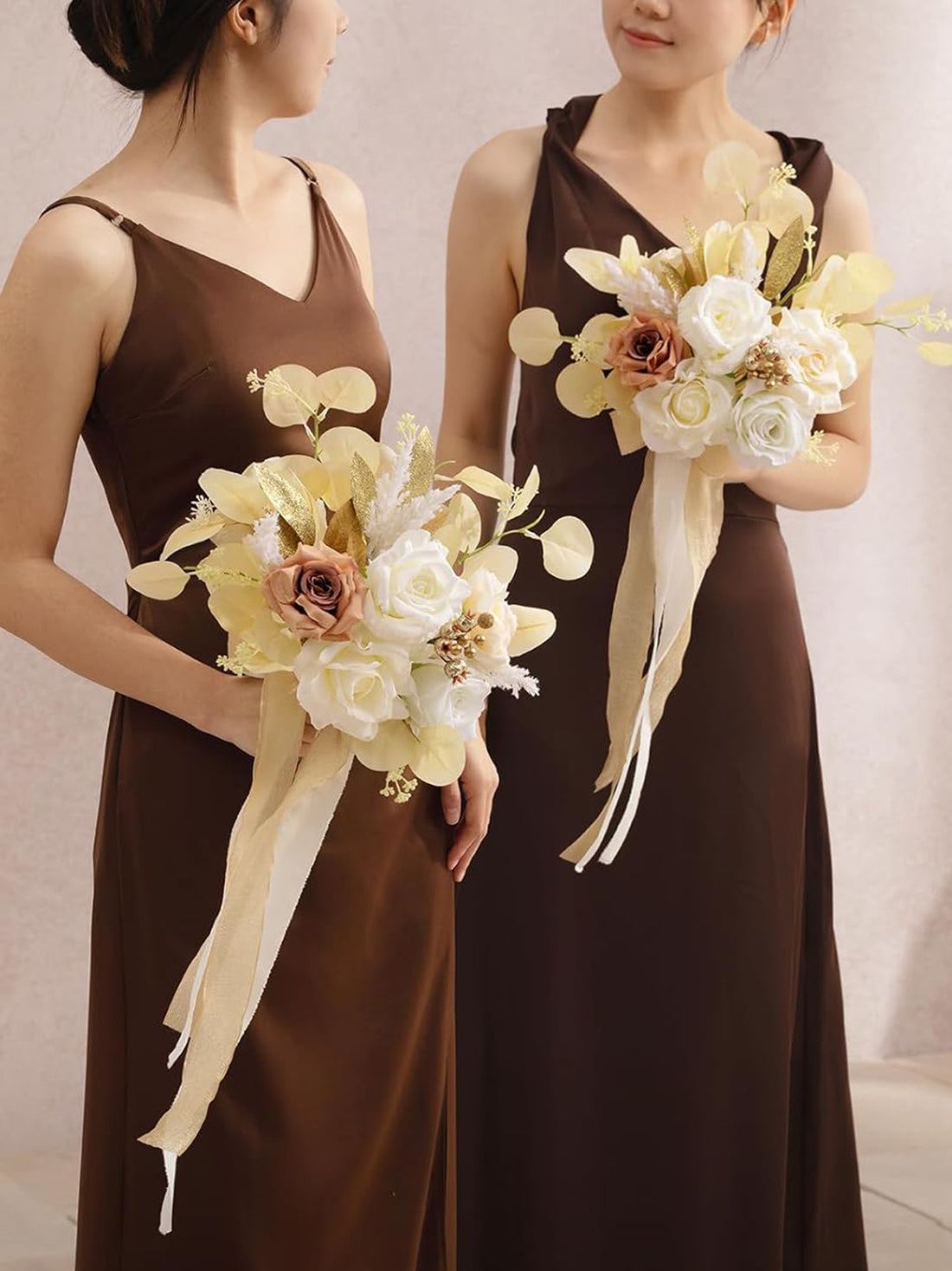 White & Beige Wedding Flowers Bridesmaid Bouquet 7 Inch Set of 4