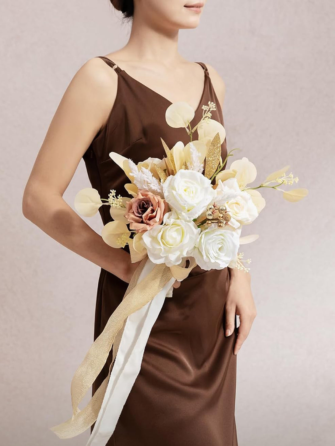 White & Beige Wedding Flowers Bridesmaid Bouquet 7 Inch Set of 4