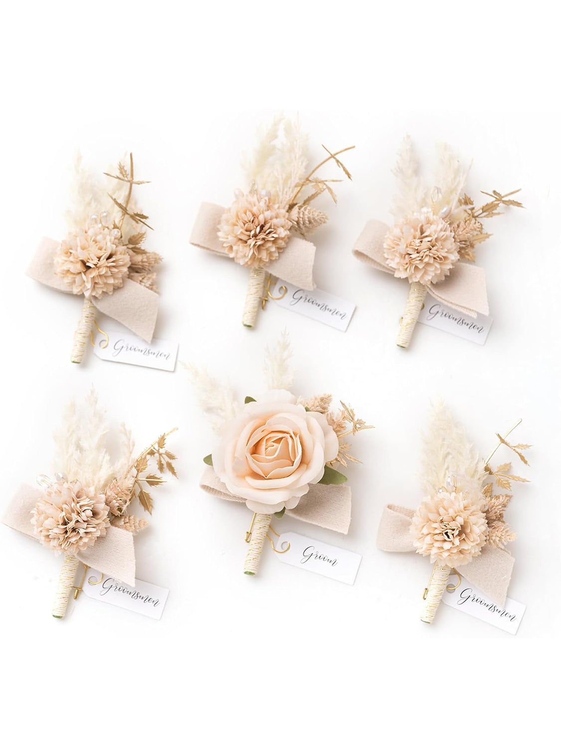 White & Nude 6pcs Groom Groomsmen Boutonniere