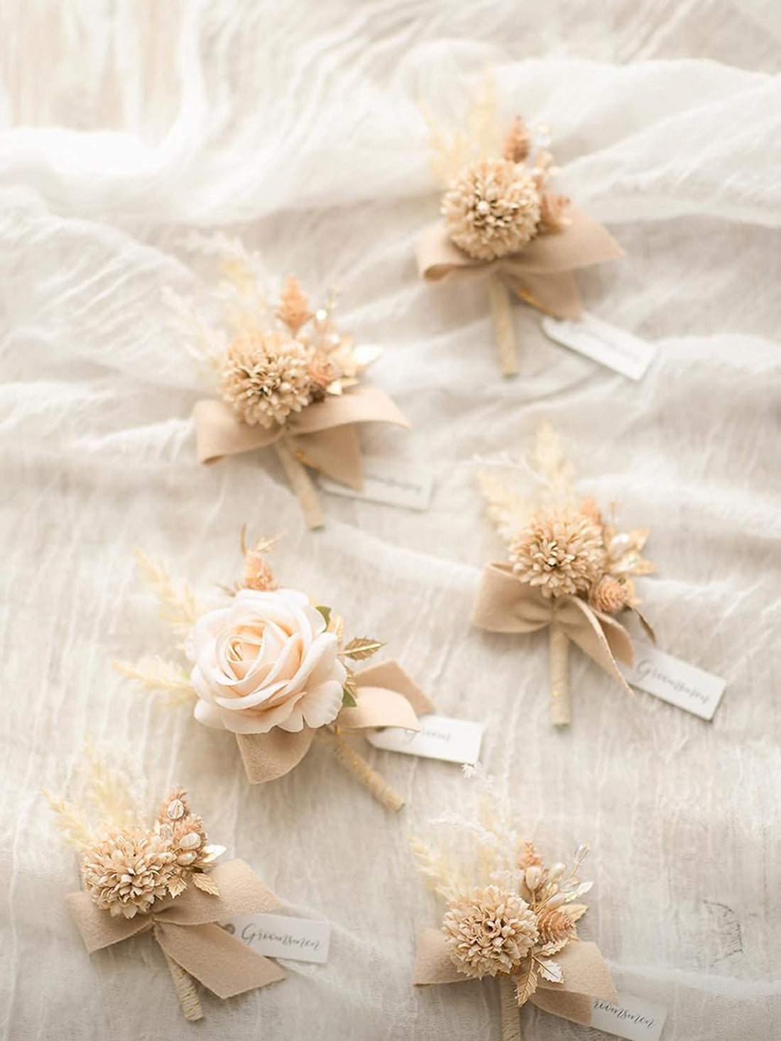 White & Nude 6pcs Groom Groomsmen Boutonniere