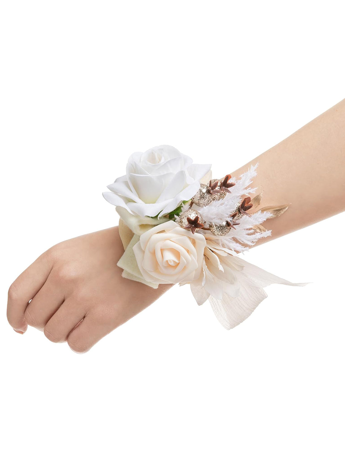 Boho White & Nude Wedding Wrist Corsage Artificial Flowers 6pcs