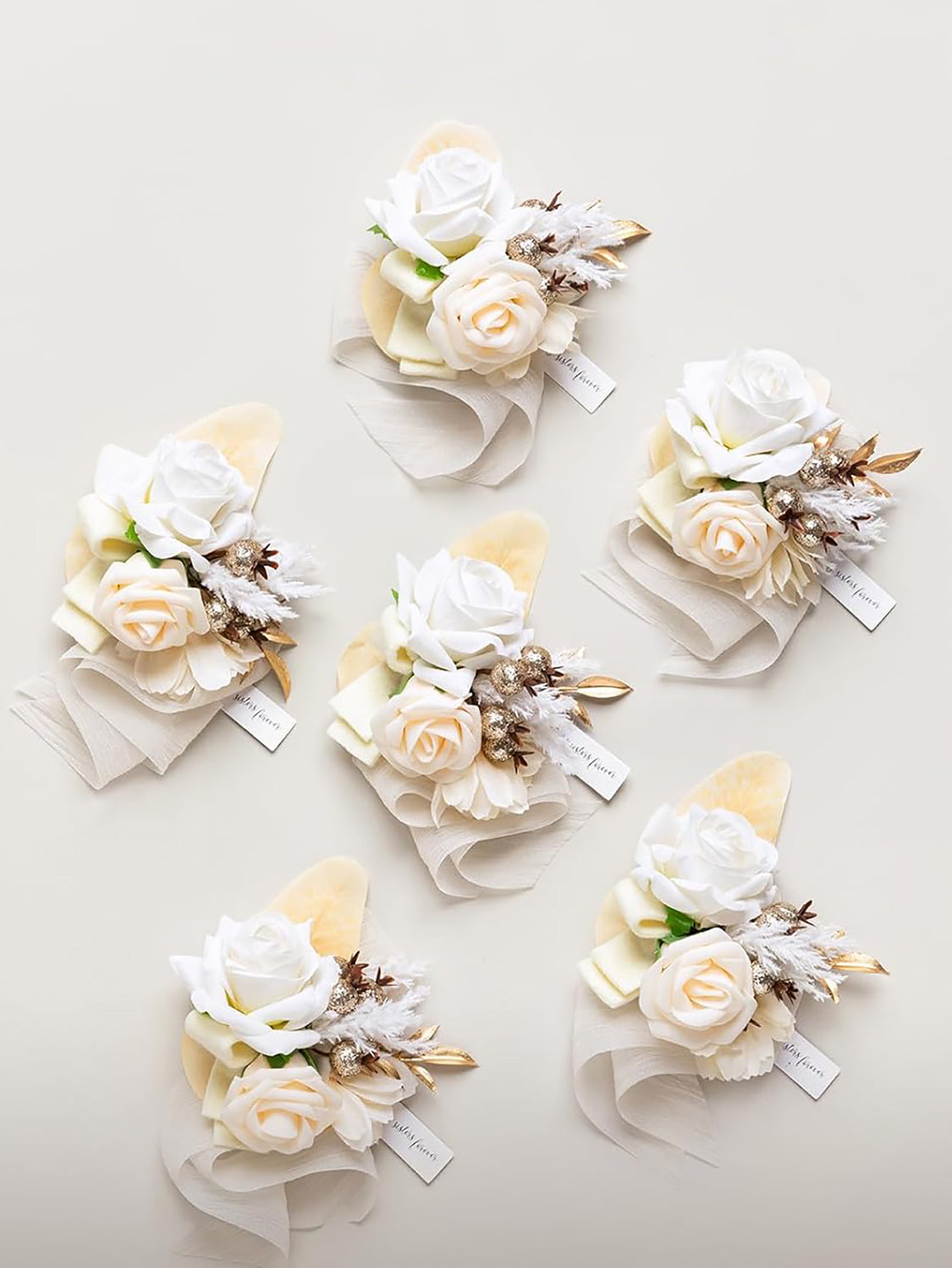 Boho White & Nude Wedding Wrist Corsage Artificial Flowers 6pcs