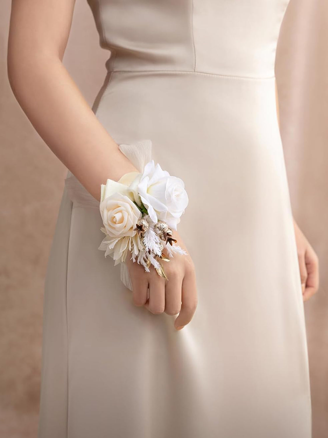 Boho White & Nude Wedding Wrist Corsage Artificial Flowers 6pcs