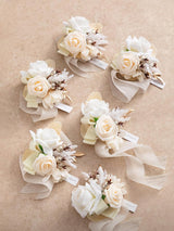 Boho White & Nude Wedding Wrist Corsage Artificial Flowers 6pcs
