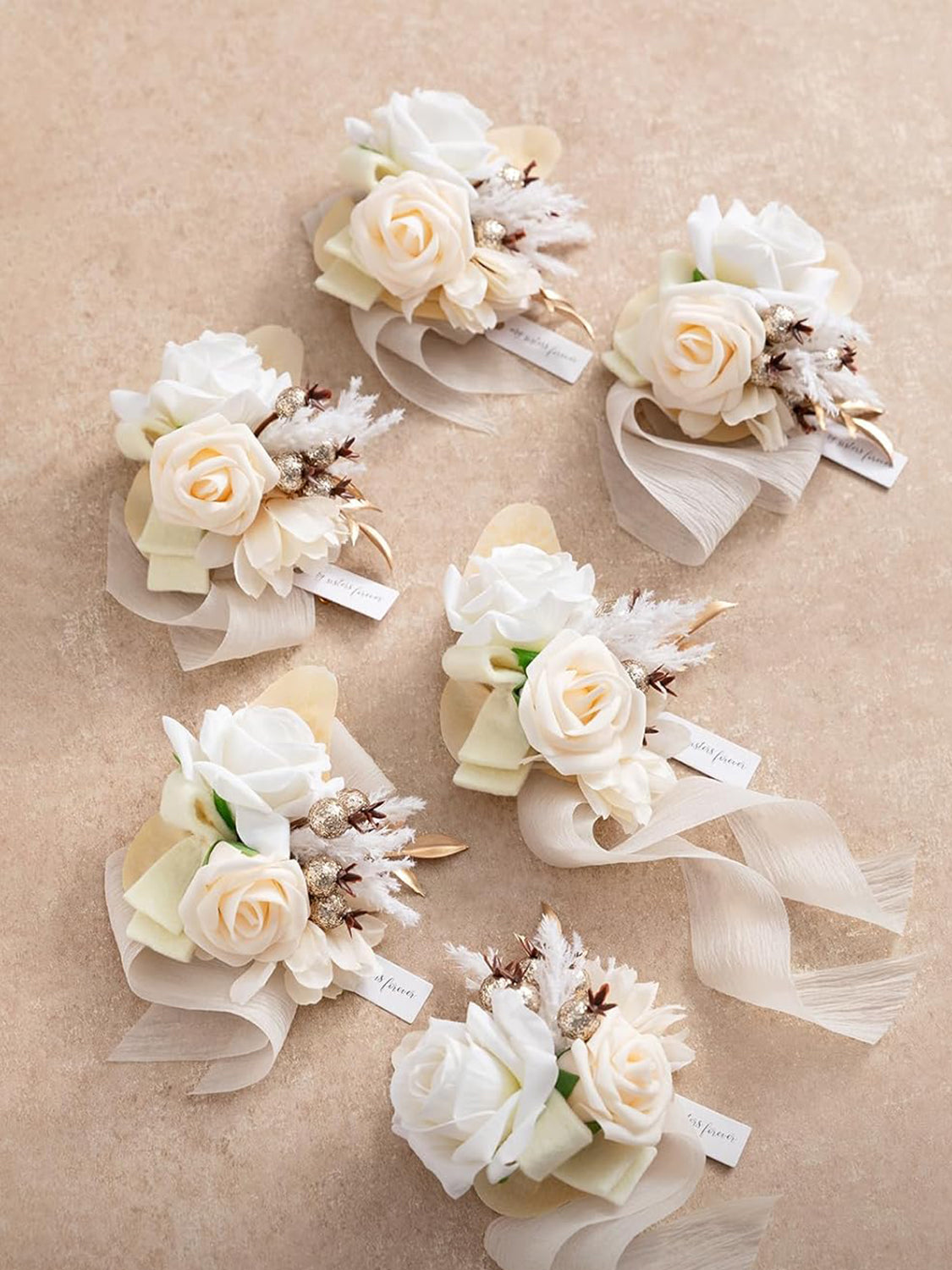 Boho White & Nude Wedding Wrist Corsage Artificial Flowers 6pcs
