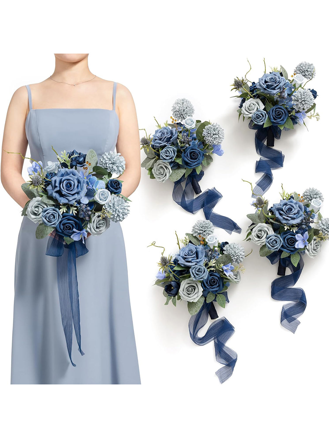 Navy Blue & Dusty Blue Wedding Flowers Bridesmaid Bouquet Set of 4