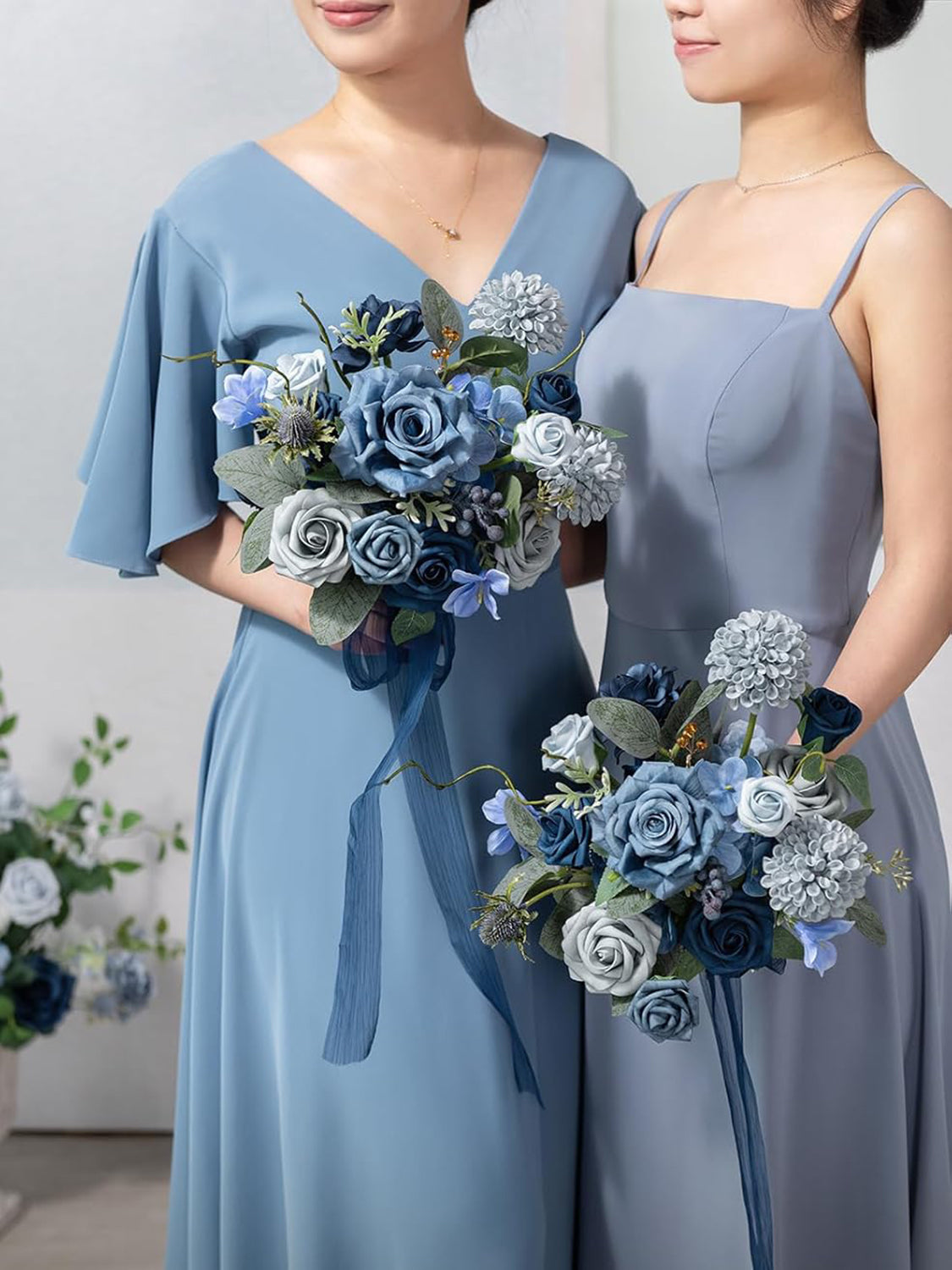 Navy Blue & Dusty Blue Wedding Flowers Bridesmaid Bouquet Set of 4