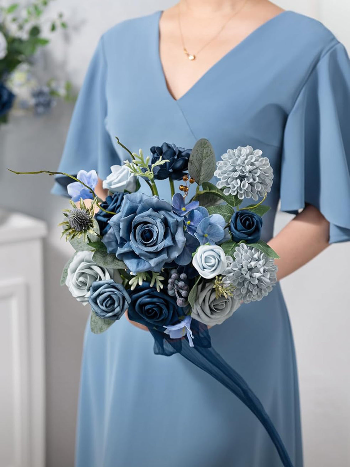 Navy Blue & Dusty Blue Wedding Flowers Bridesmaid Bouquet Set of 4