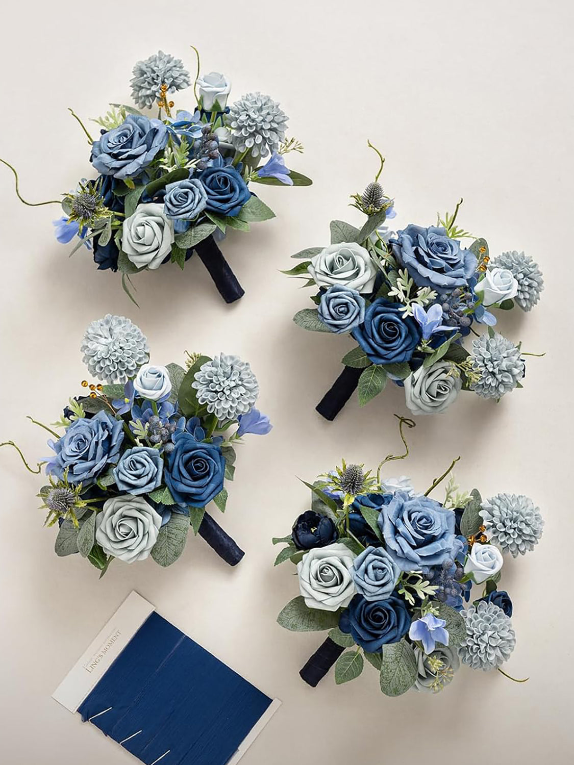 Navy Blue & Dusty Blue Wedding Flowers Bridesmaid Bouquet Set of 4