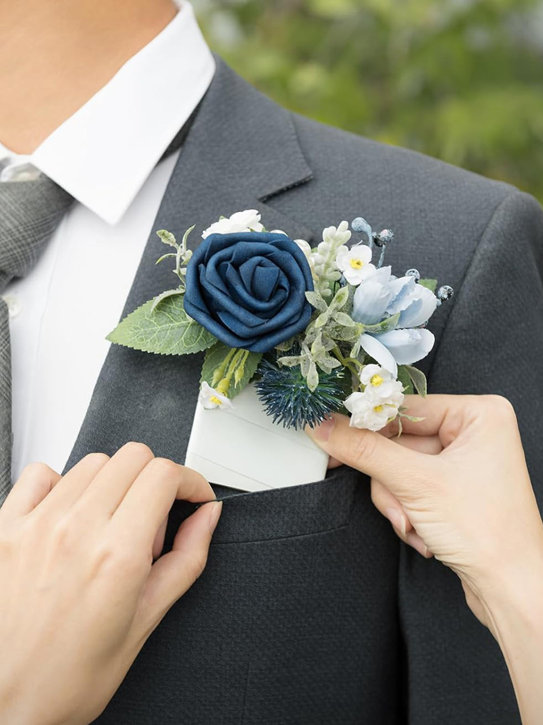 Dusty Blue & Navy Pocket Boutonniere Single