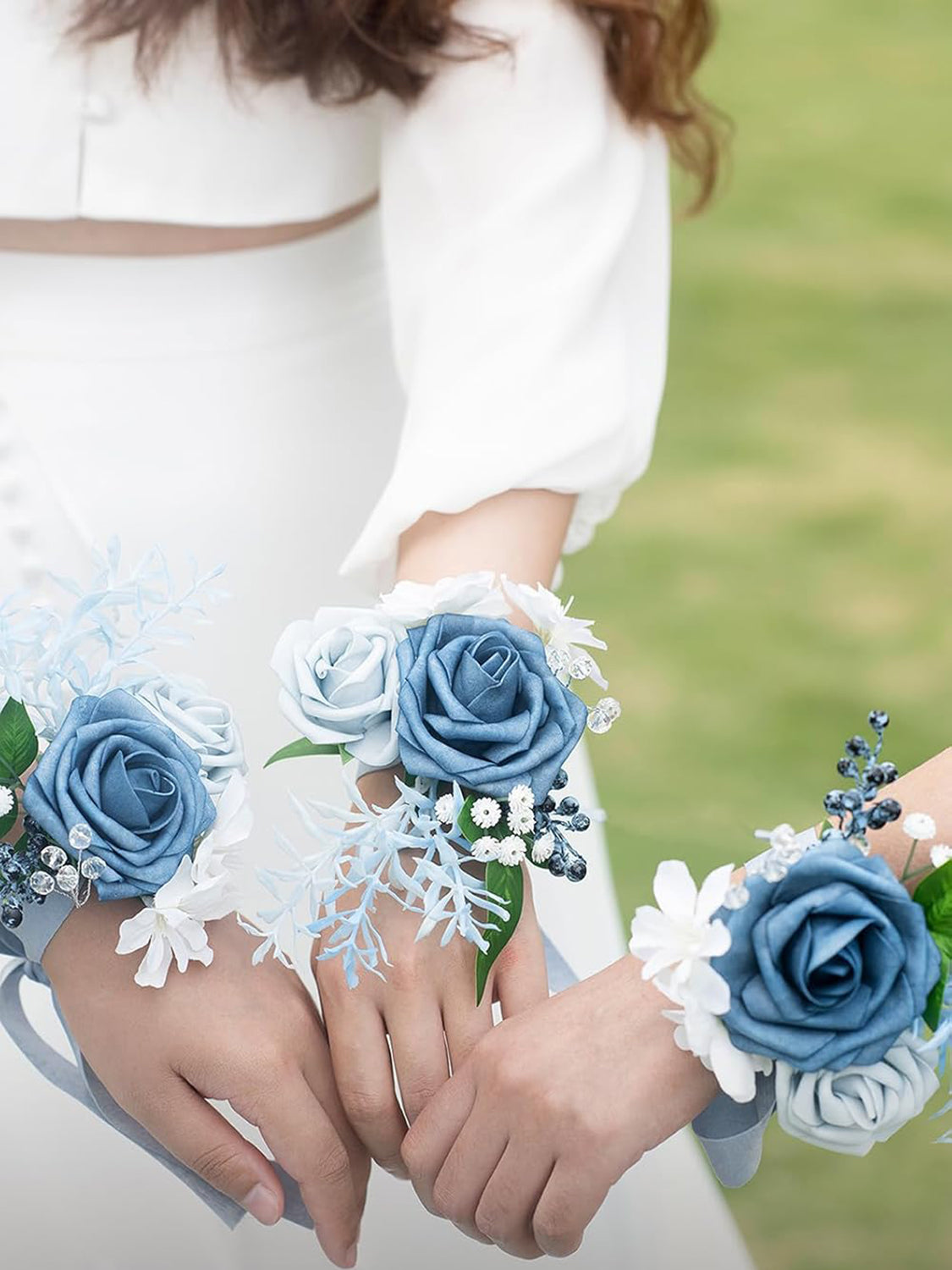 Dusty Blue & Light Blue Wedding Wrist Corsage Artificial Flowers 6pcs
