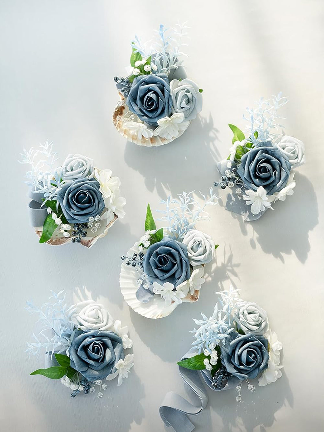 Dusty Blue & Light Blue Wedding Wrist Corsage Artificial Flowers 6pcs
