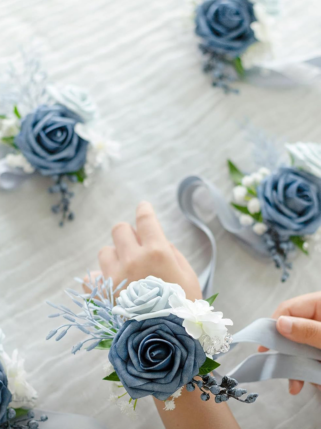Dusty Blue & Light Blue Wedding Wrist Corsage Artificial Flowers 6pcs