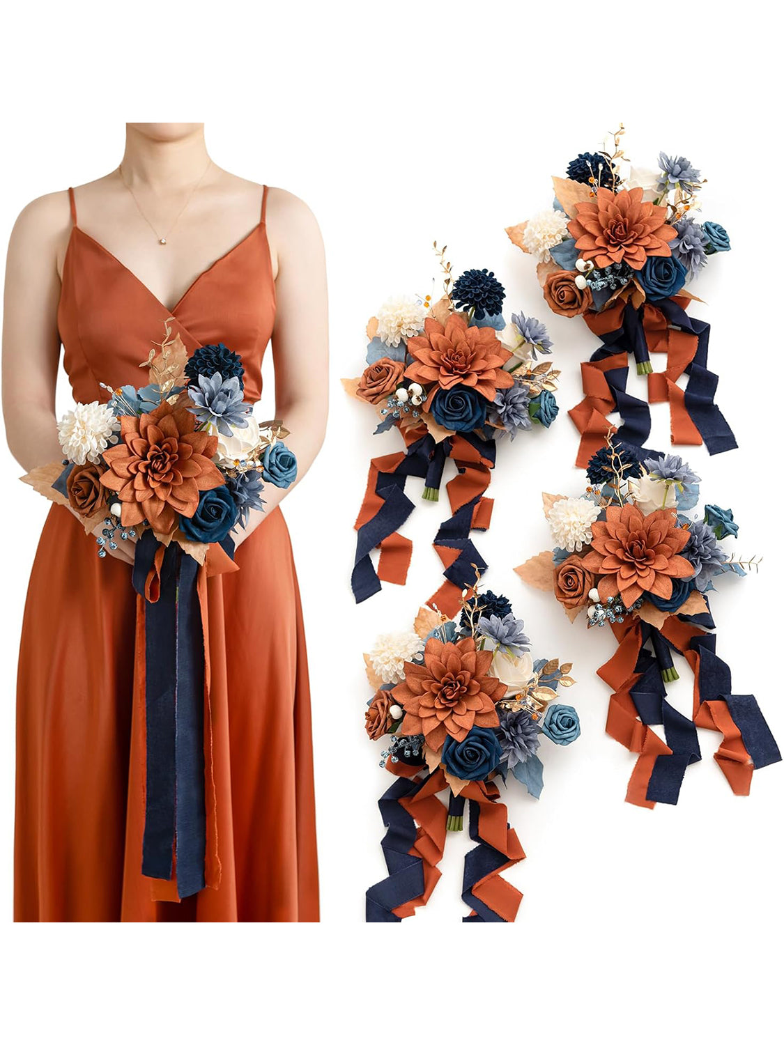 Orange & Navy Blue Wedding Flowers Bridesmaid Bouquet Set of 4