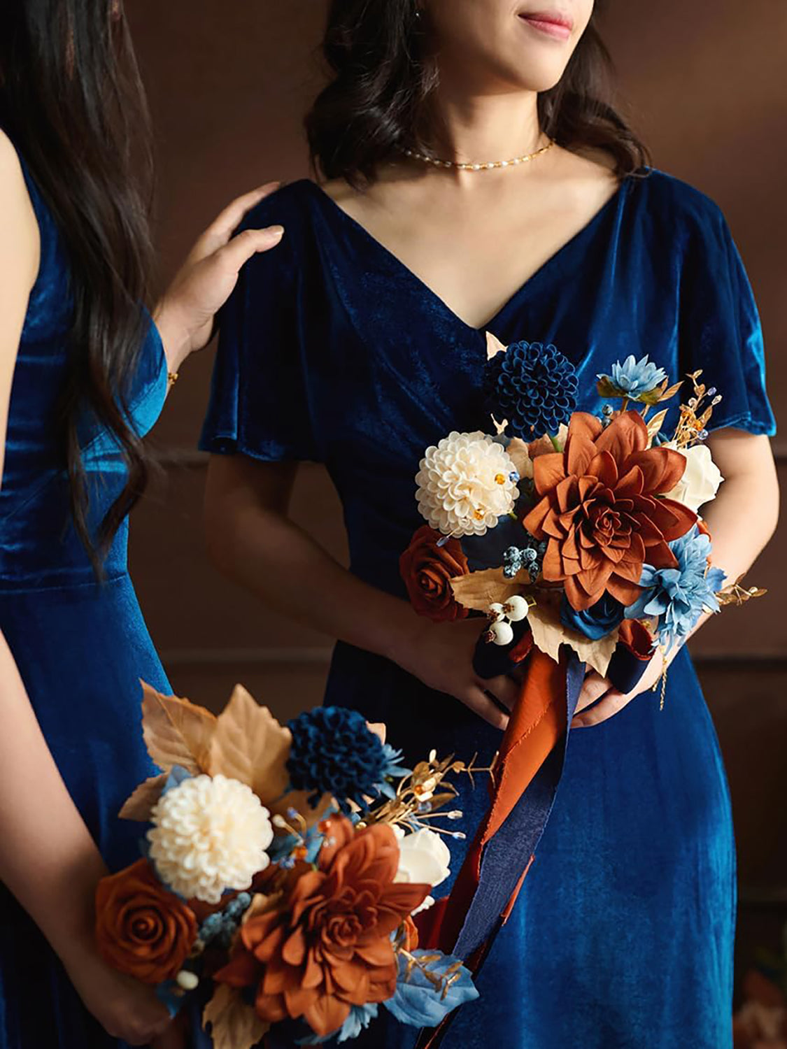 Orange & Navy Blue Wedding Flowers Bridesmaid Bouquet Set of 4