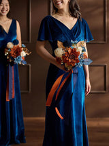 Orange & Navy Blue Wedding Flowers Bridesmaid Bouquet Set of 4