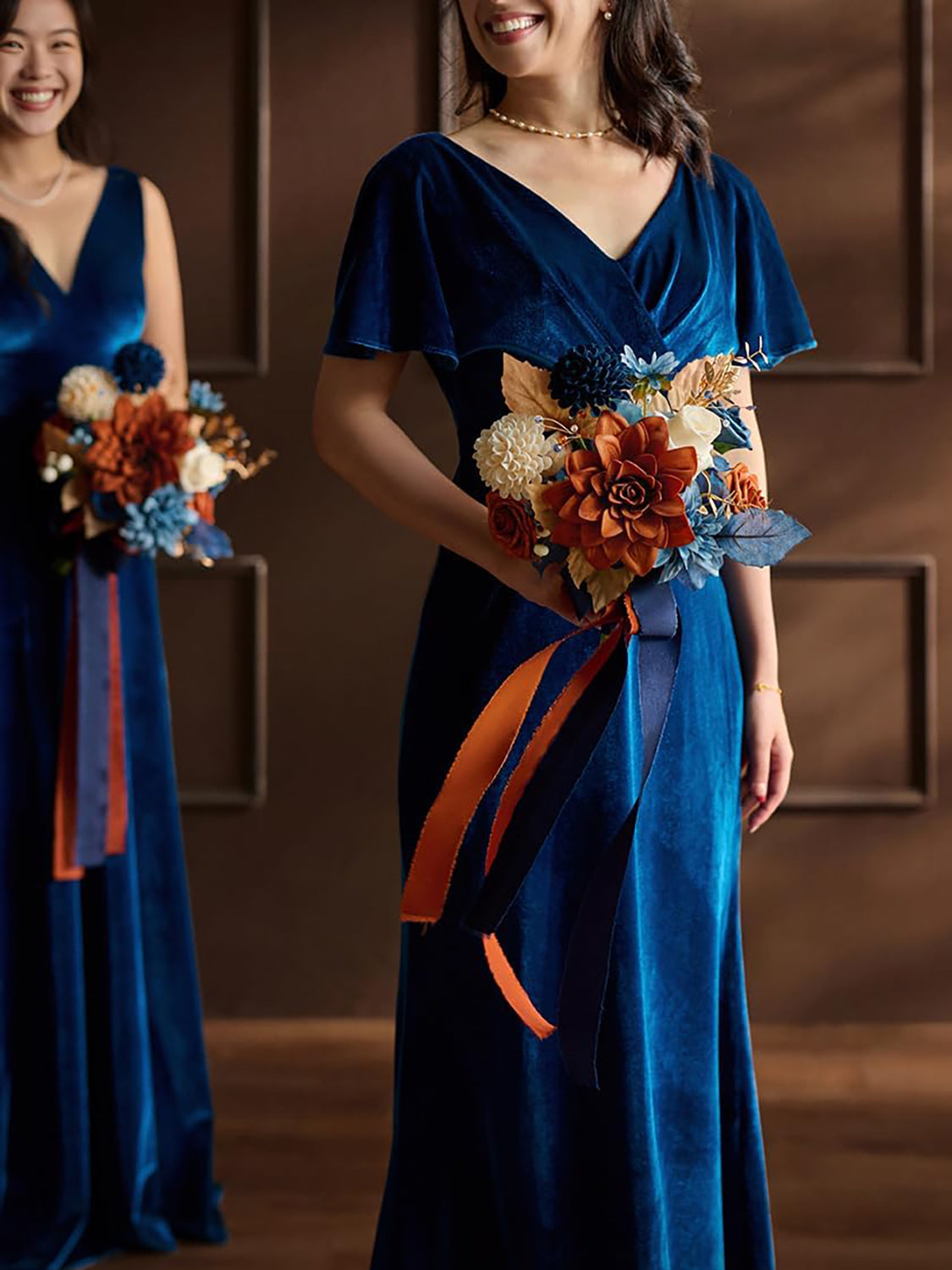 Orange & Navy Blue Wedding Flowers Bridesmaid Bouquet Set of 4