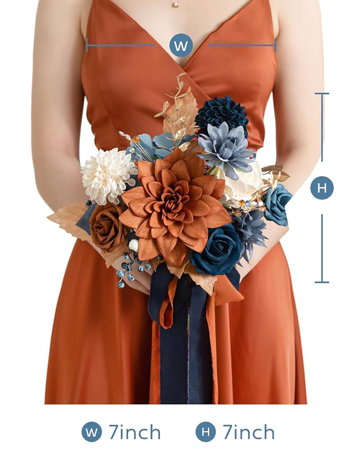 Orange & Navy Blue Wedding Flowers Bridesmaid Bouquet Set of 4