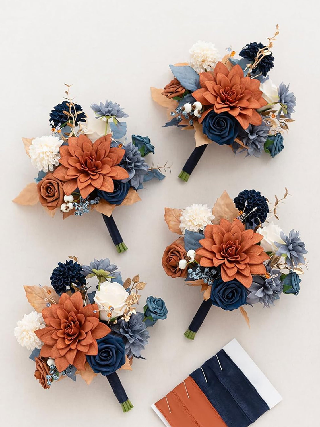 Orange & Navy Blue Wedding Flowers Bridesmaid Bouquet Set of 4