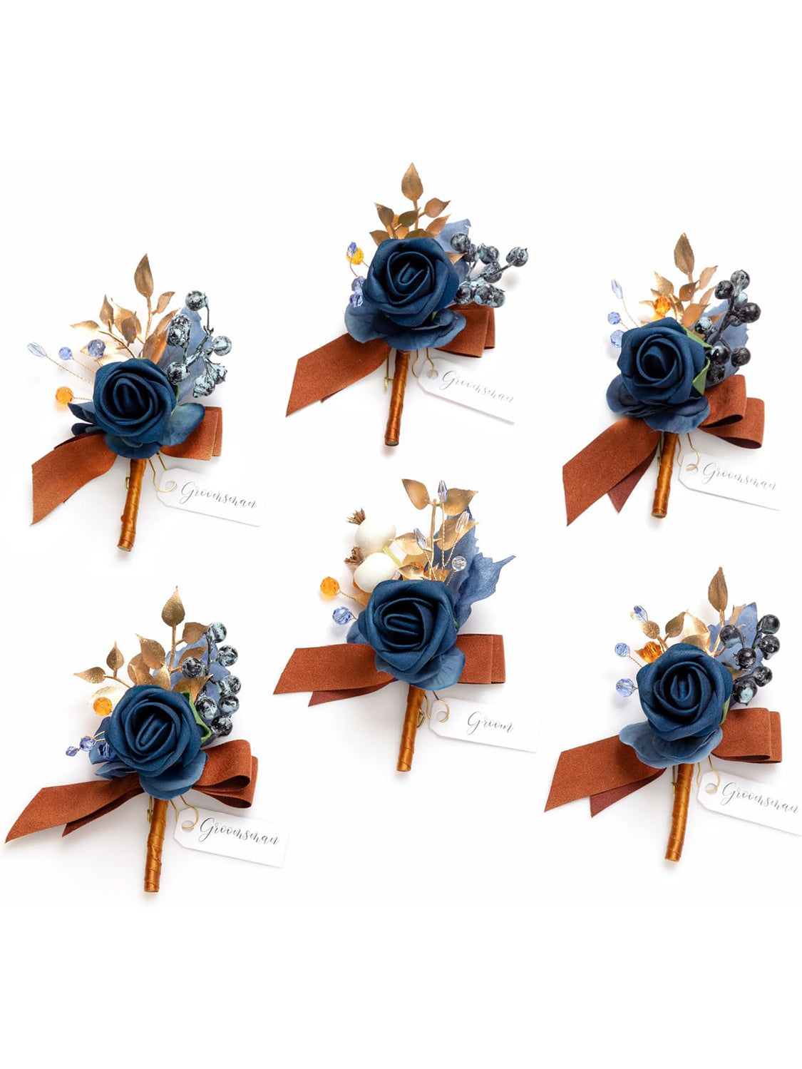 Burnt Orange & Navy Blue Wedding 6pcs Groom Groomsmen Boutonniere