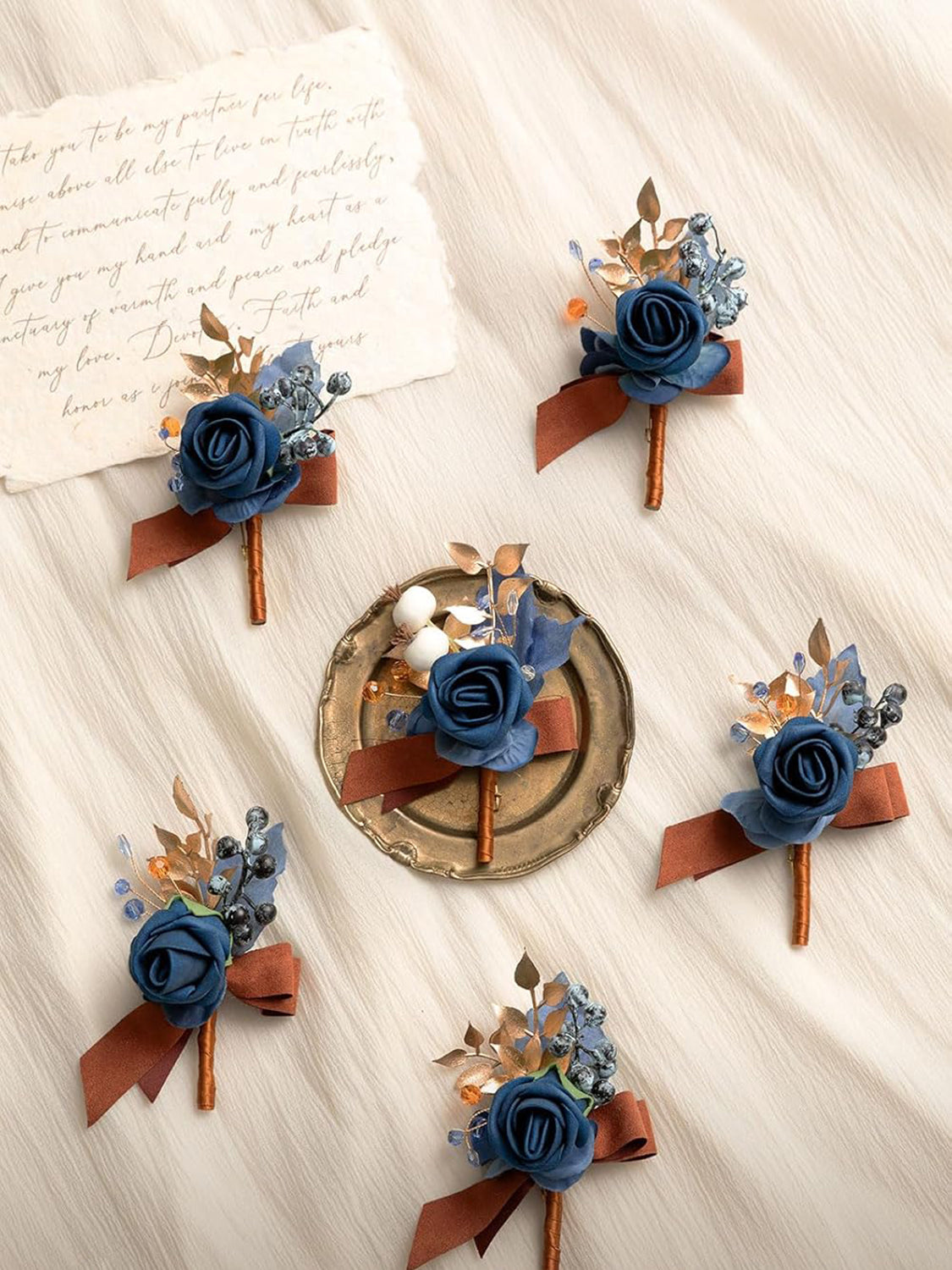 Burnt Orange & Navy Blue Wedding 6pcs Groom Groomsmen Boutonniere