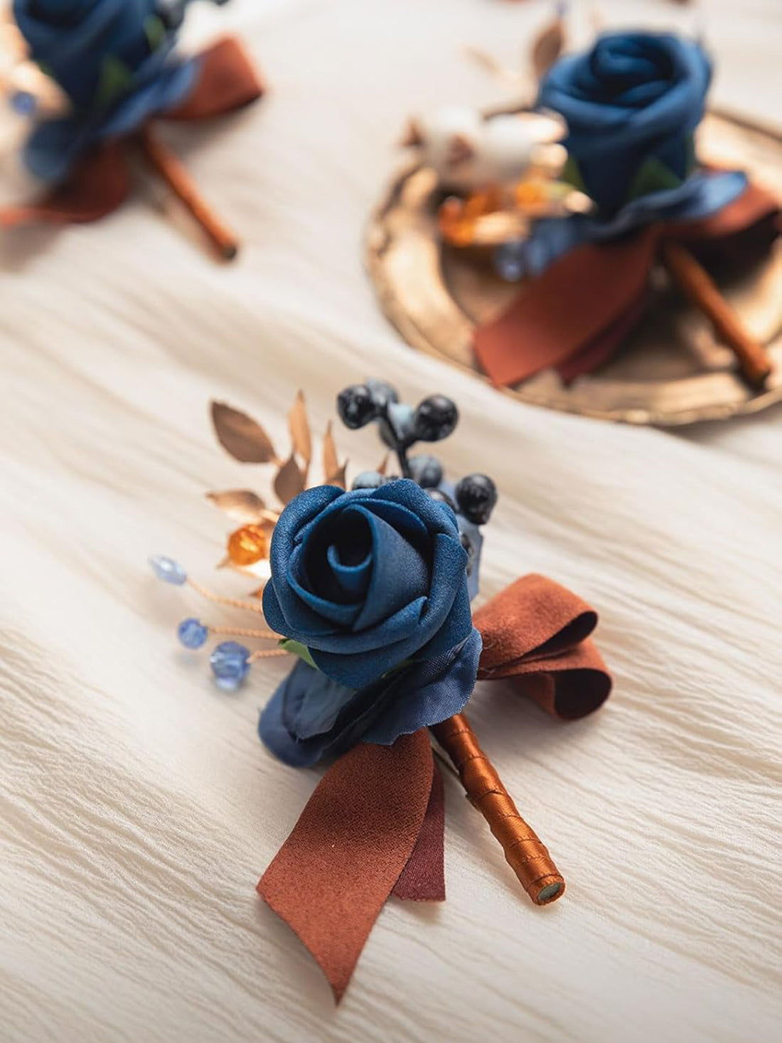 Burnt Orange & Navy Blue Wedding 6pcs Groom Groomsmen Boutonniere