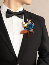 Burnt Orange & Navy Blue Wedding 6pcs Groom Groomsmen Boutonniere
