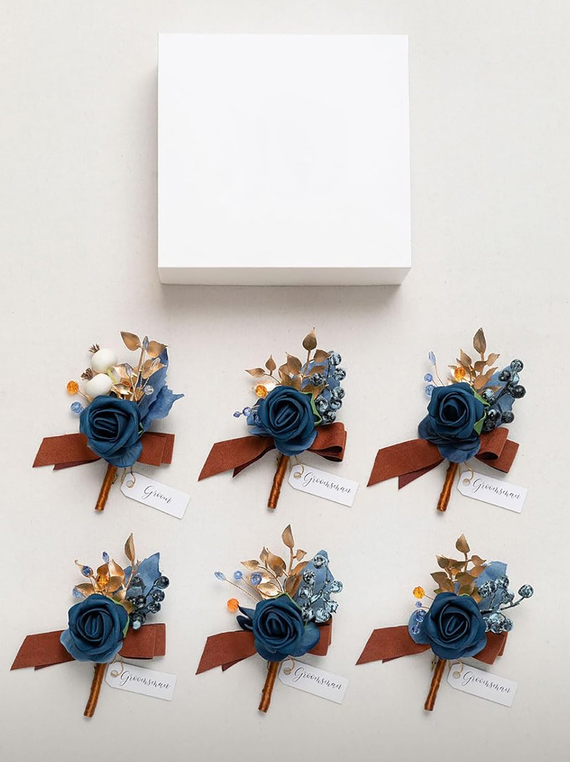 Burnt Orange & Navy Blue Wedding 6pcs Groom Groomsmen Boutonniere