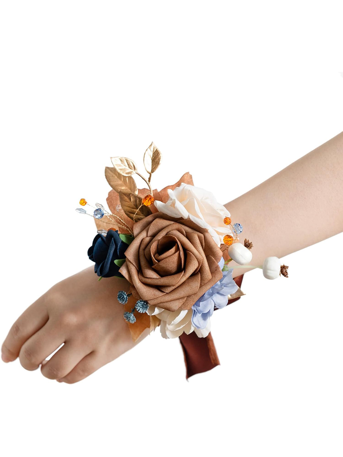 Orange & Navy 6pcs Wedding Wrist Corsage Artificial Flowers