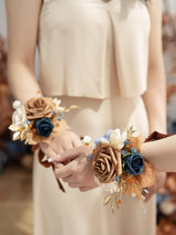 Orange & Navy 6pcs Wedding Wrist Corsage Artificial Flowers