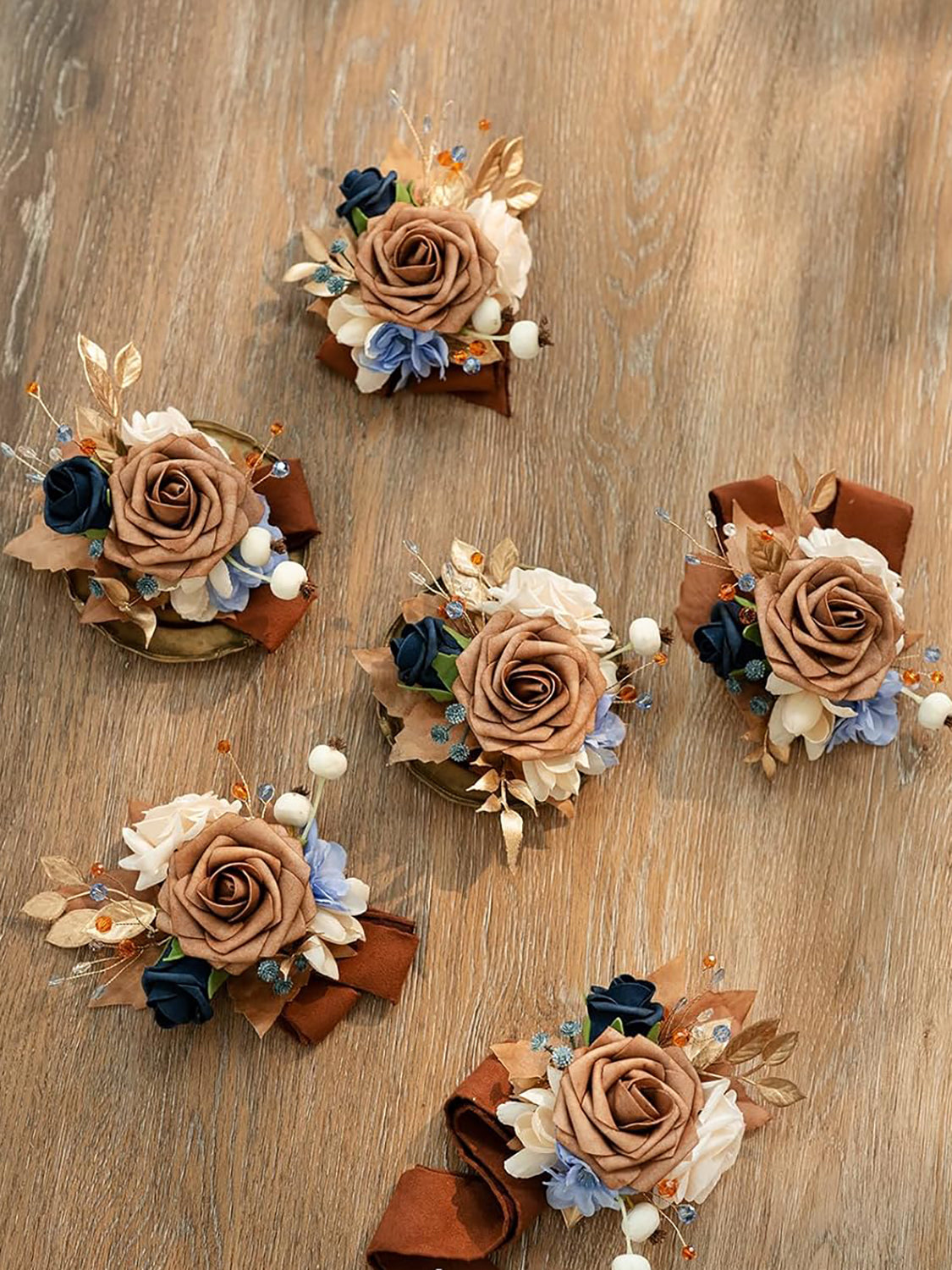 Orange & Navy 6pcs Wedding Wrist Corsage Artificial Flowers