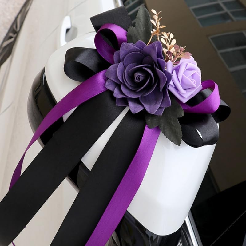 Purple Wedding Car Mirror Bow Decorative Bouquet 14 Inch Door Handle
