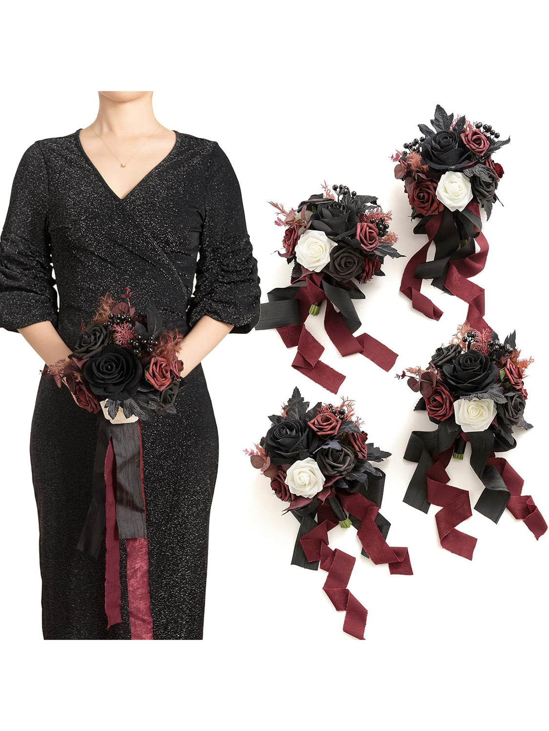 Burgundy Red & Black Wedding Flowers Bridesmaid Bouquet Set of 4