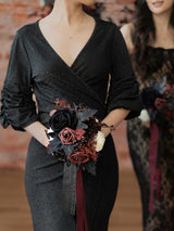 Burgundy Red & Black Wedding Flowers Bridesmaid Bouquet Set of 4