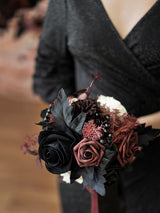 Burgundy Red & Black Wedding Flowers Bridesmaid Bouquet Set of 4