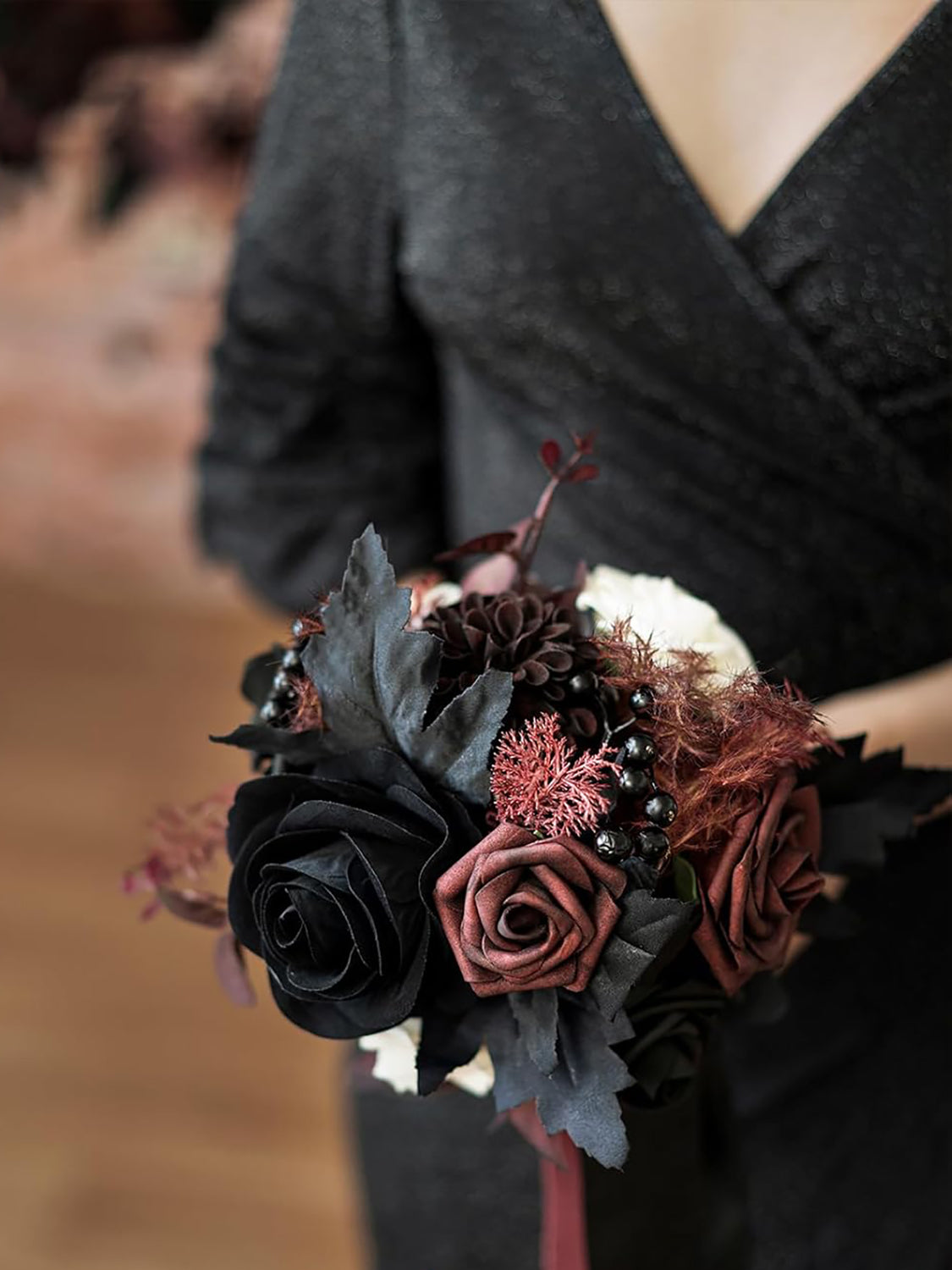 Burgundy Red & Black Wedding Flowers Bridesmaid Bouquet Set of 4