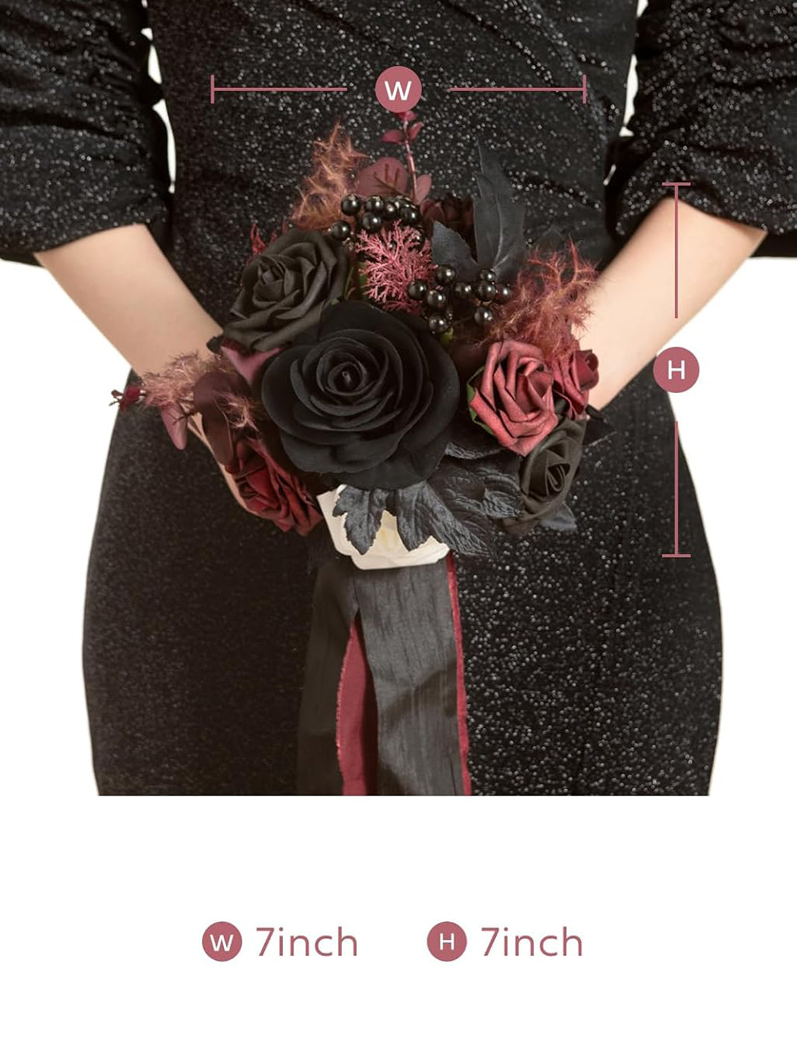 Burgundy Red & Black Wedding Flowers Bridesmaid Bouquet Set of 4