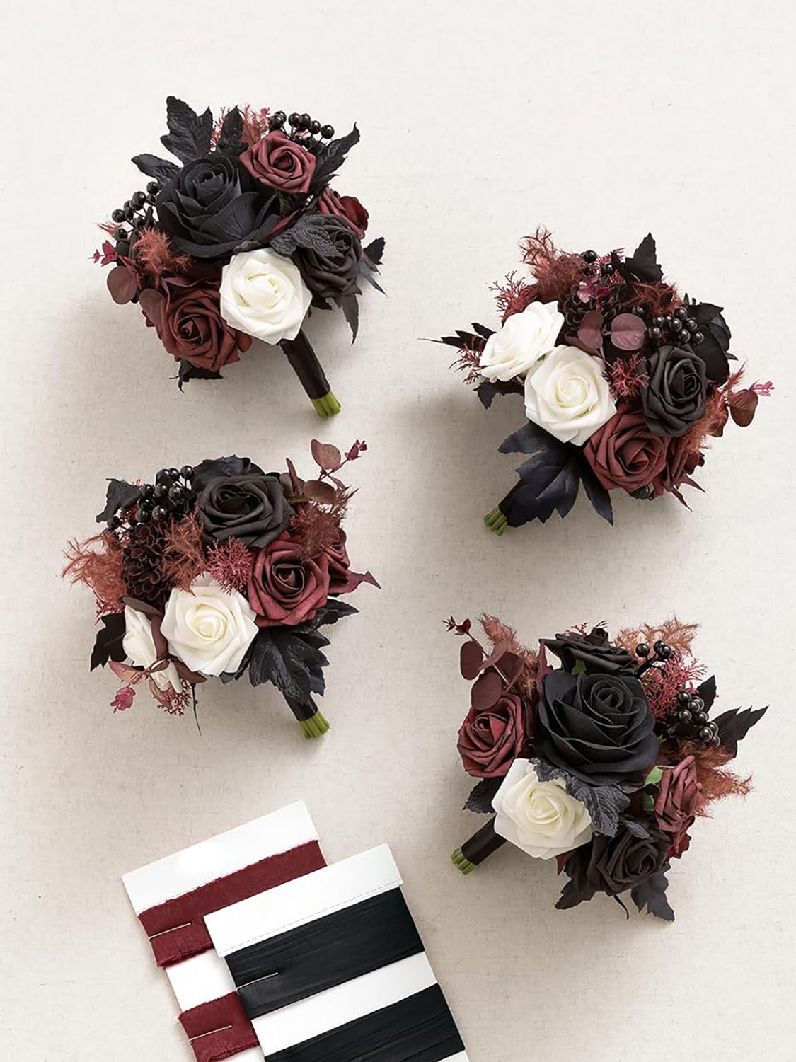 Burgundy Red & Black Wedding Flowers Bridesmaid Bouquet Set of 4