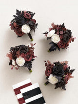 Burgundy Red & Black Wedding Flowers Bridesmaid Bouquet Set of 4