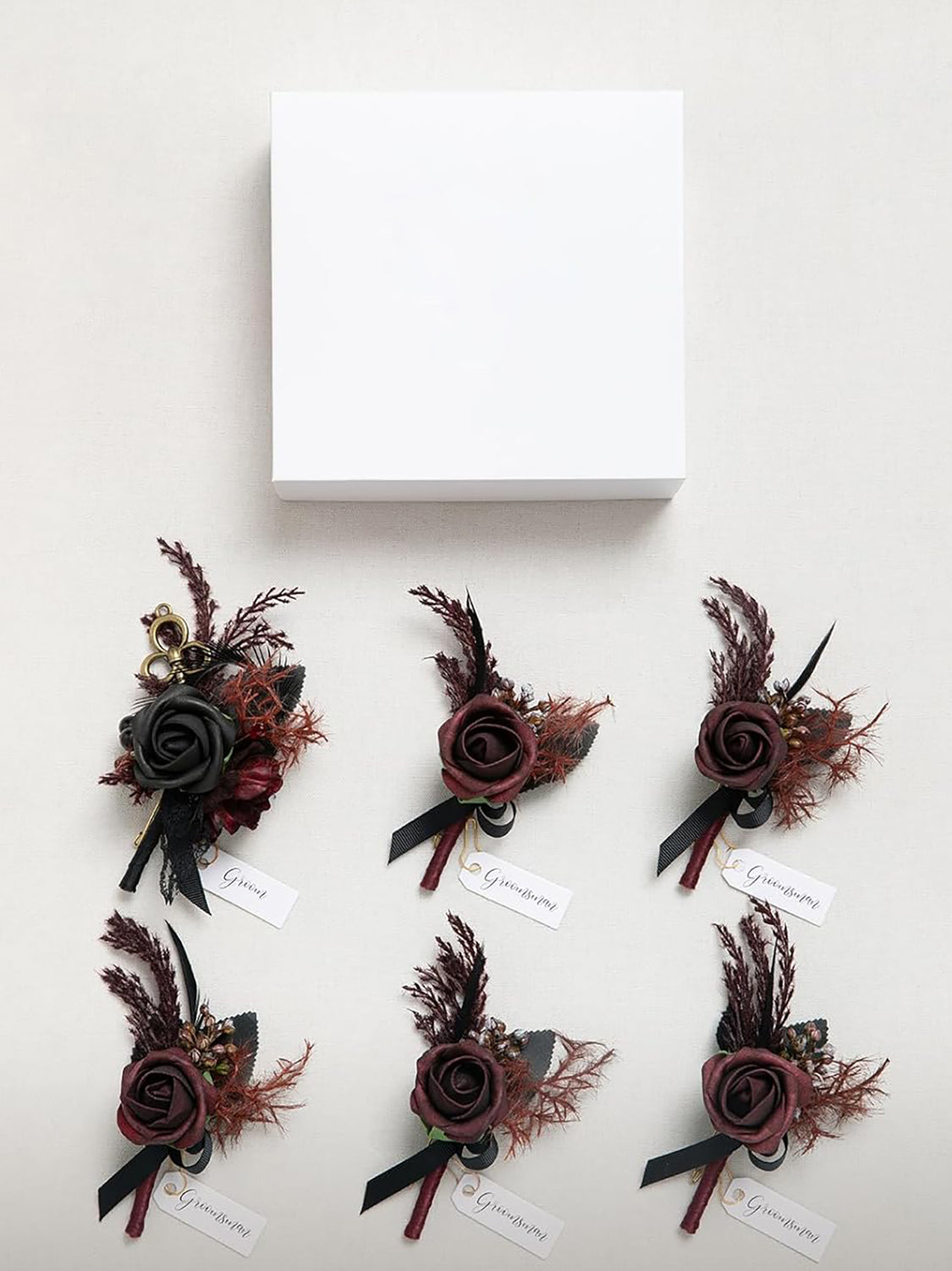Black & Gothic Burgundy Wedding 6pcs Groom Groomsmen Boutonniere
