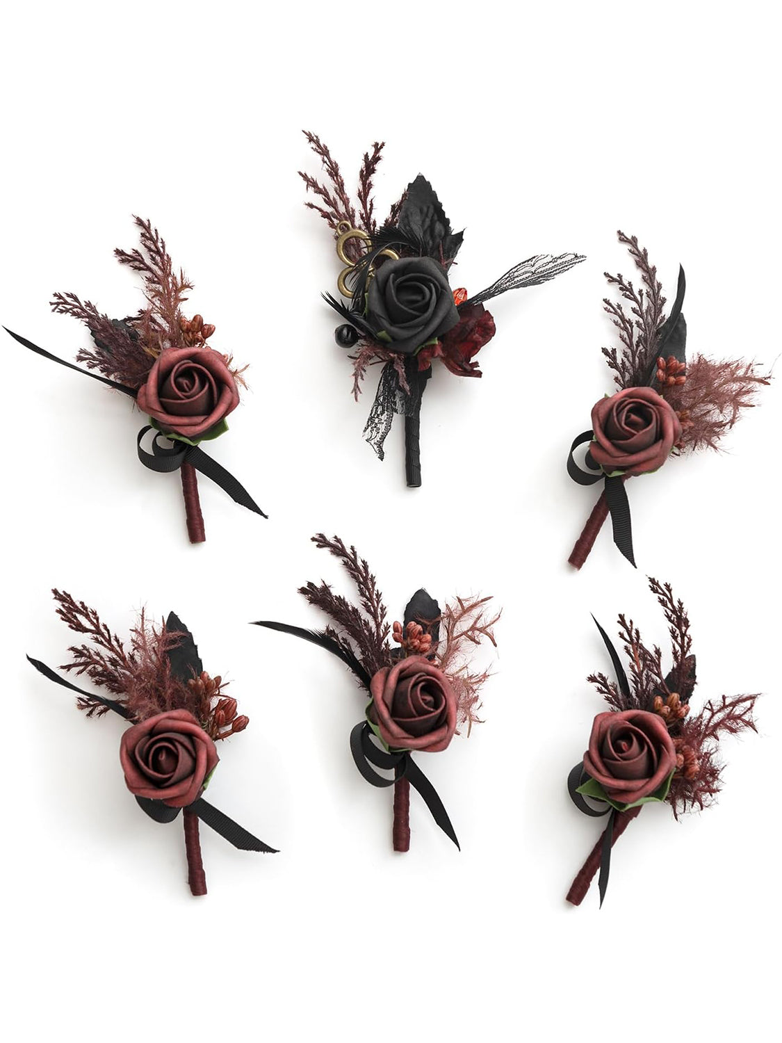 Black & Gothic Burgundy Wedding 6pcs Groom Groomsmen Boutonniere