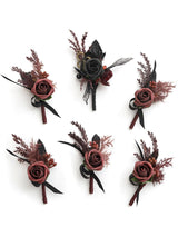 Black & Gothic Burgundy Wedding 6pcs Groom Groomsmen Boutonniere