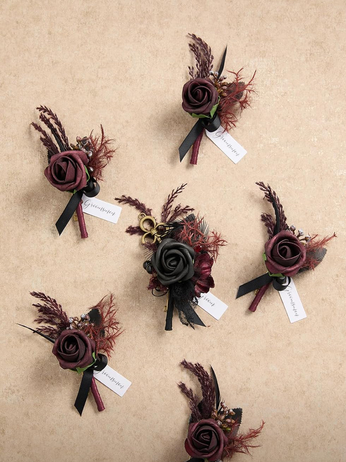 Black & Gothic Burgundy Wedding 6pcs Groom Groomsmen Boutonniere