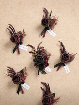 Black & Gothic Burgundy Wedding 6pcs Groom Groomsmen Boutonniere