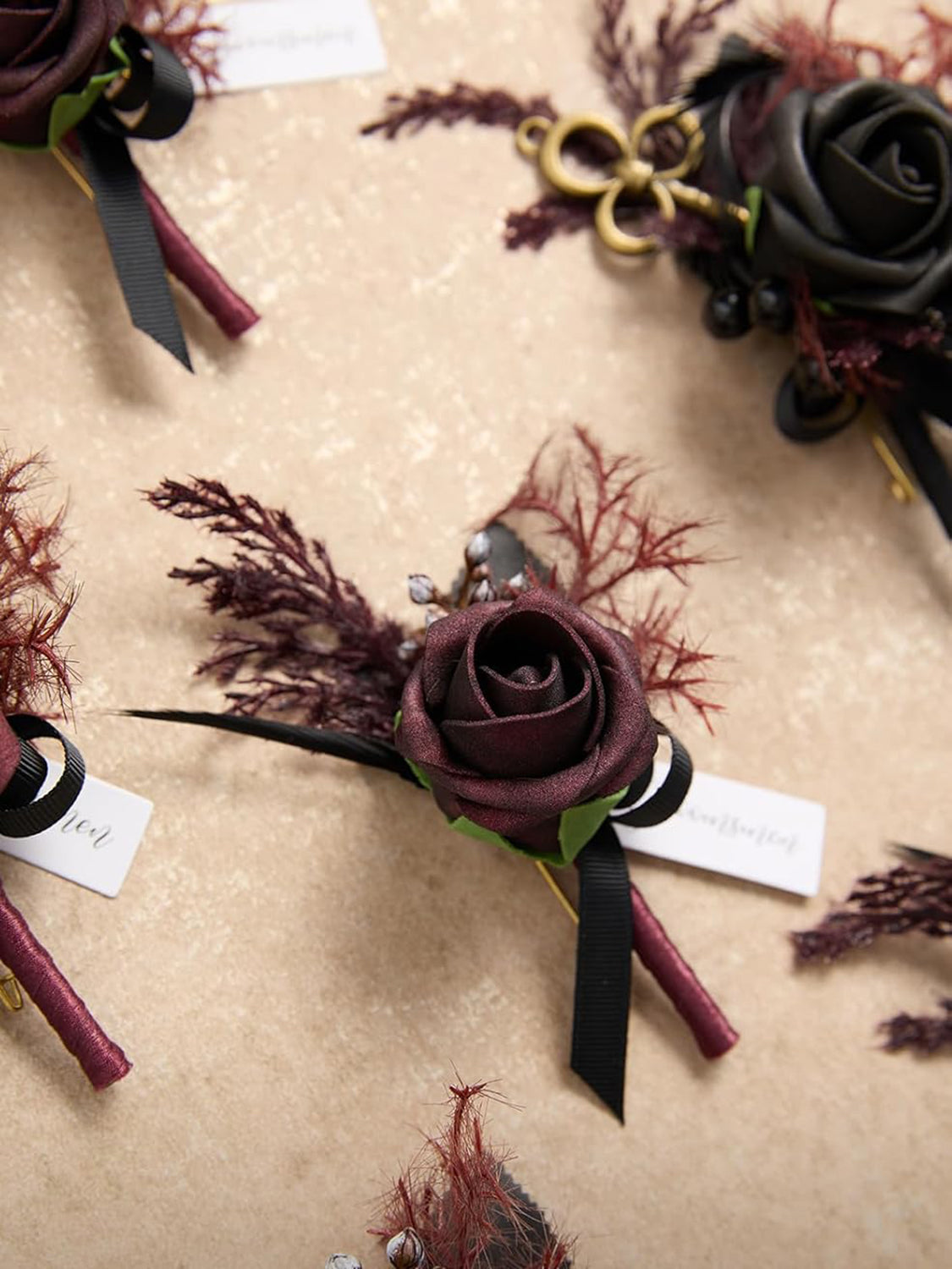 Black & Gothic Burgundy Wedding 6pcs Groom Groomsmen Boutonniere