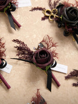 Black & Gothic Burgundy Wedding 6pcs Groom Groomsmen Boutonniere