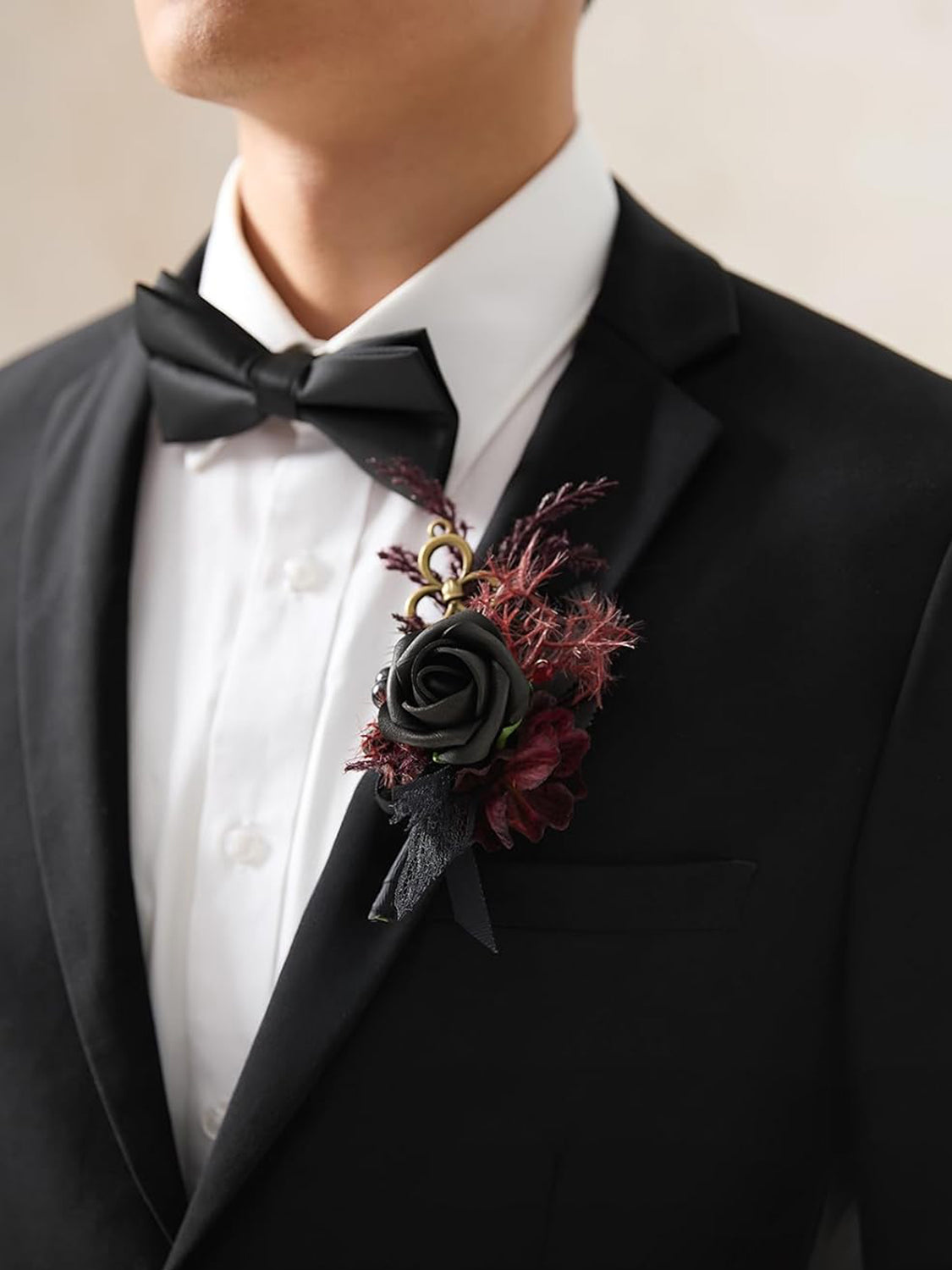 Black & Gothic Burgundy Wedding 6pcs Groom Groomsmen Boutonniere