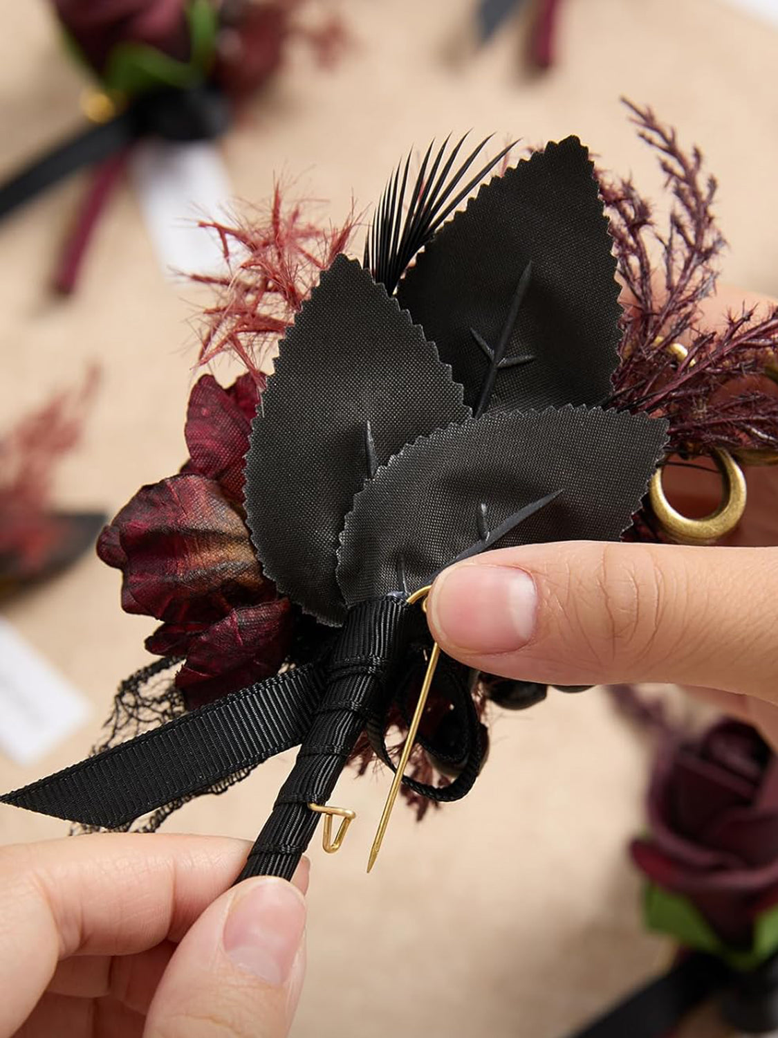 Black & Gothic Burgundy Wedding 6pcs Groom Groomsmen Boutonniere