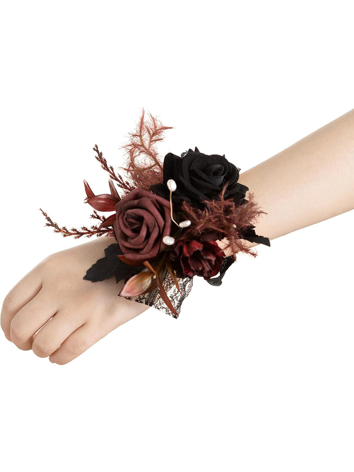 Black & Gothic Burgundy 6pcs Wedding Wrist Corsage Artificial Flowers