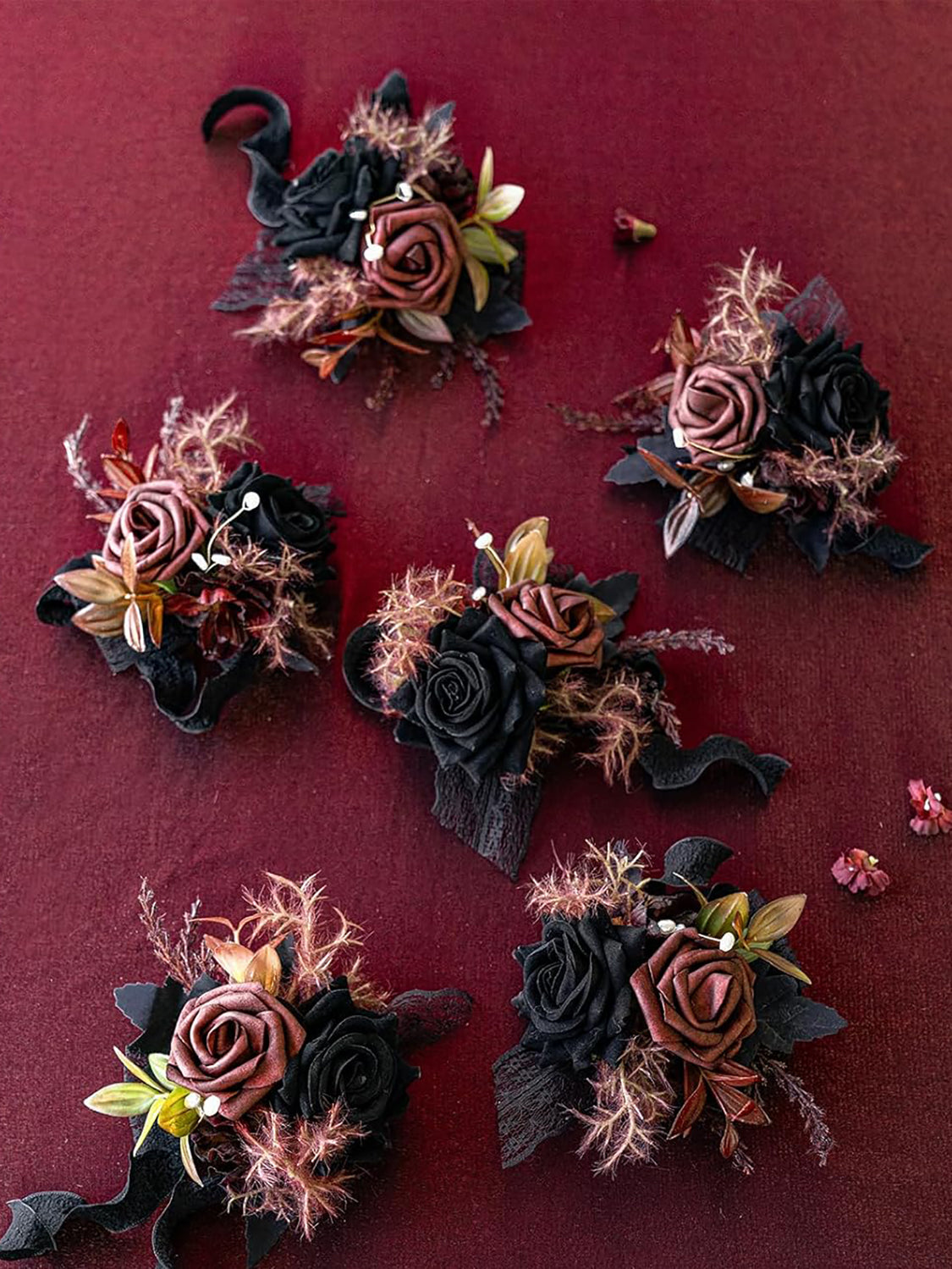 Black & Gothic Burgundy 6pcs Wedding Wrist Corsage Artificial Flowers